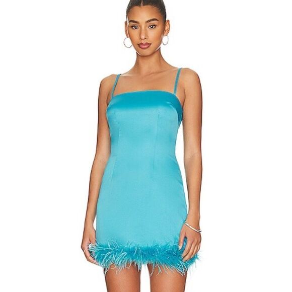 NWT More To Come Revolve Turquoise Feathers Mini Dress Large - Picture 11 of 13